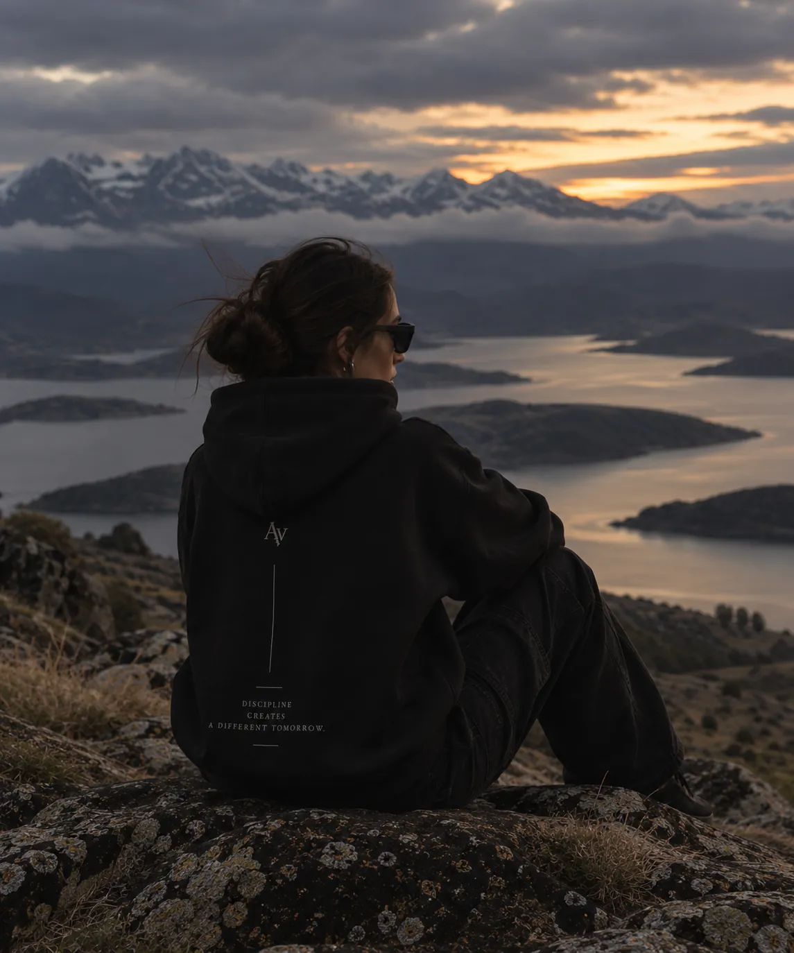 Dual Zip Hoodie negra de espaldas frente al horizonte