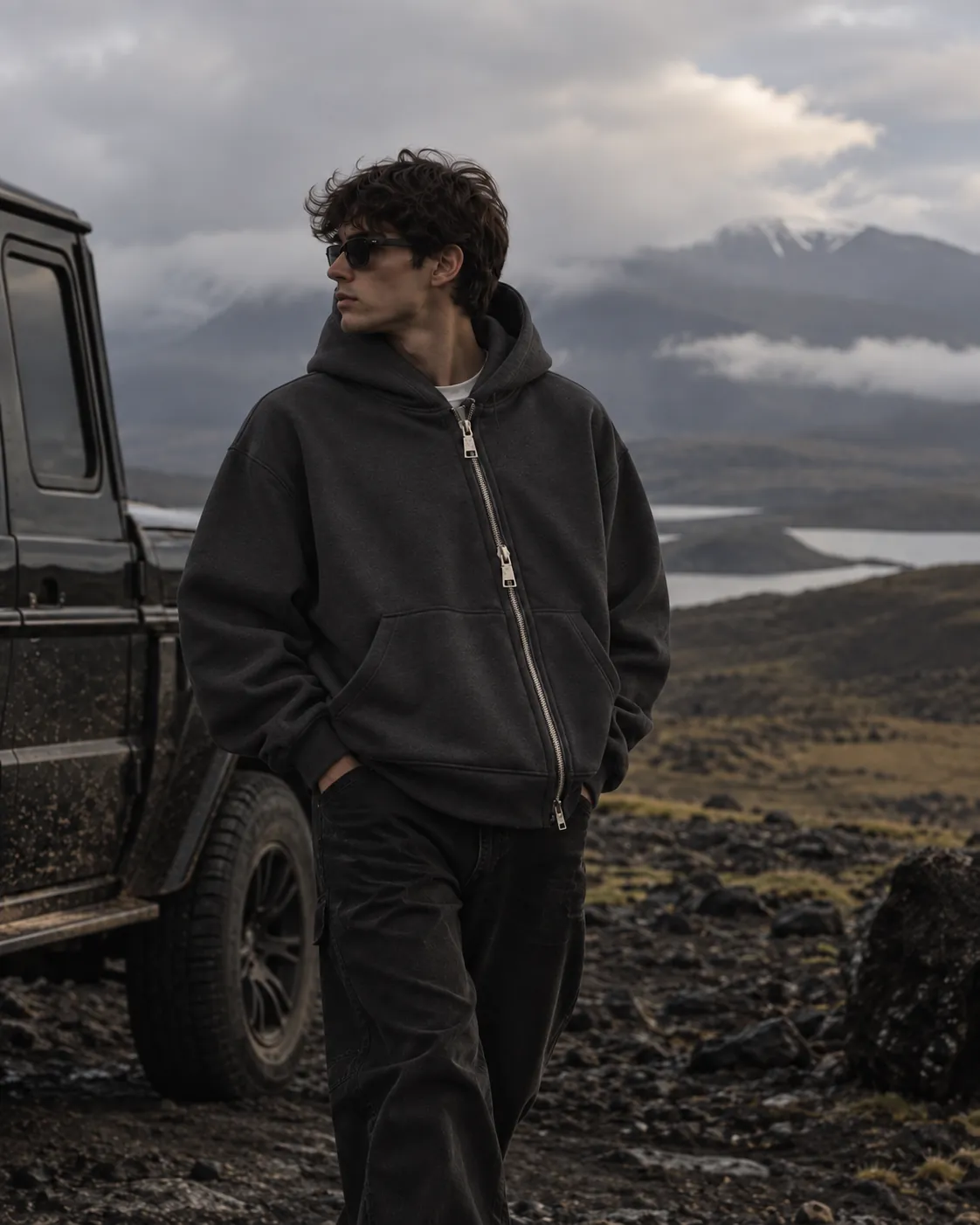 Dual Zip Hoodie en charcoal, vista de frente