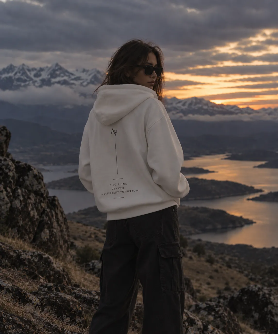 Dual Zip Hoodie off white de espaldas ante el paisaje